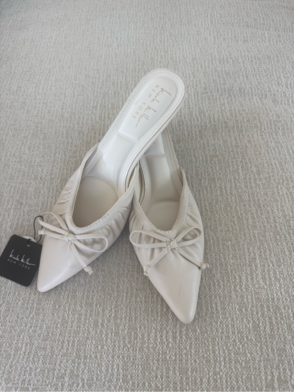 Nicole Miller Cream Pointed Bow Slip-On Mules